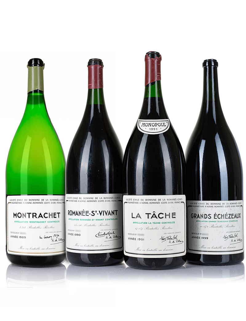 Lot 1000-1003: 1 Methuselah each 1999 DRC Grand Echezeaux, 1991 La Tache, 1990 Romanee St. Vivant, and 1989 Montrachet